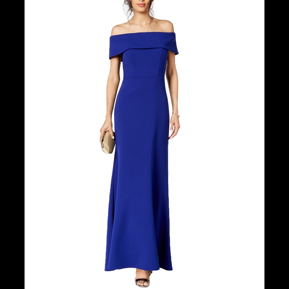 Betsy & Adam Blue Ruffled Back Gown Dress NWT New